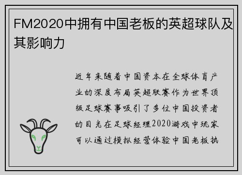 FM2020中拥有中国老板的英超球队及其影响力